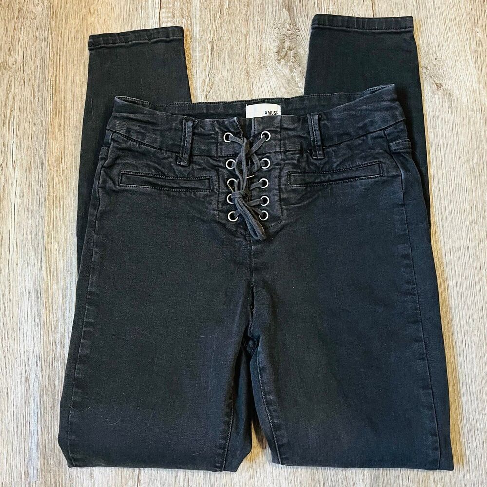 Amuse Society Lace-Up Black Skinny Pants Jeans size 26 Goth Emo Scene